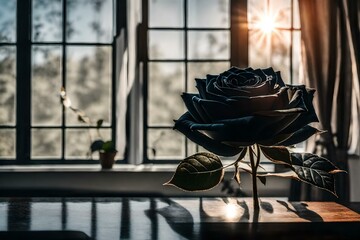 Black rose on a table in front of window with sunlight in the room