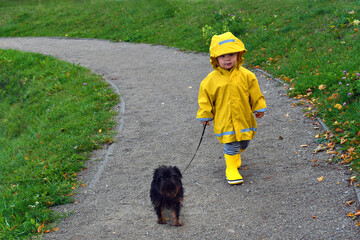 Little toddler boy walking with his dog in the rain - Powered by Adobe