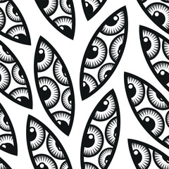 seamless pattern with leaves. vector illustration. seamless pattern. texture. abstraction. art. repeating background or poster. banner. creepy eyes. print. watch or see. lenses.