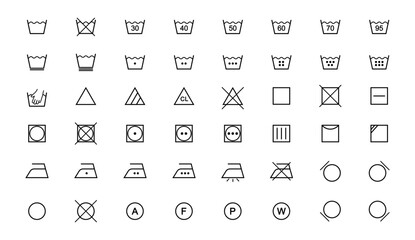 Laundry icon full set. Laundry symbols. Clothes care instruction icons. Washing, water temperature, drying, bleaching, ironing and dry cleaning symbols. Vector illustration.