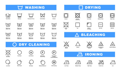 Laundry icon set. Laundry symbols. Clothes care instruction icons. Washing, water temperature, drying, bleaching, ironing and dry cleaning symbols. Vector illustration.