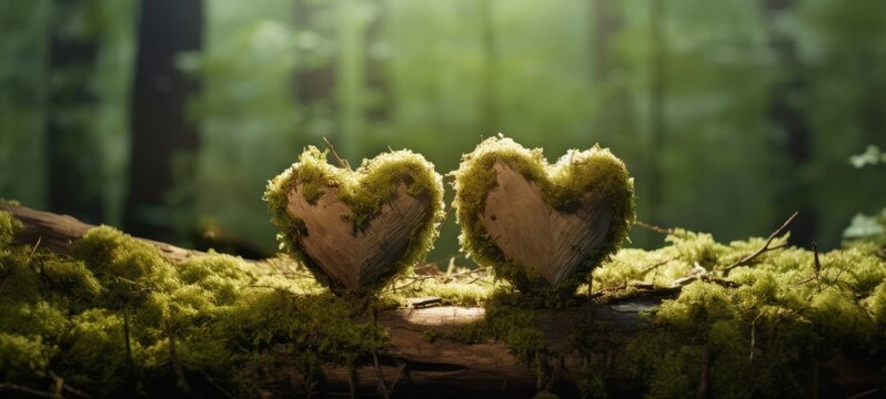 Forest dig cemetery, funeral background - Closeup of two wooden hearts on moss. Natural burial grave in the woods. Tree burial (Generative Ai)
