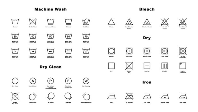 Laundry icon full set. Laundry symbols. Clothes care instruction icons. Washing, water temperature, drying, bleaching, ironing and dry cleaning symbols. Vector illustration.