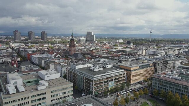 Flying over Mannheim Germany with its tall landmarks in view