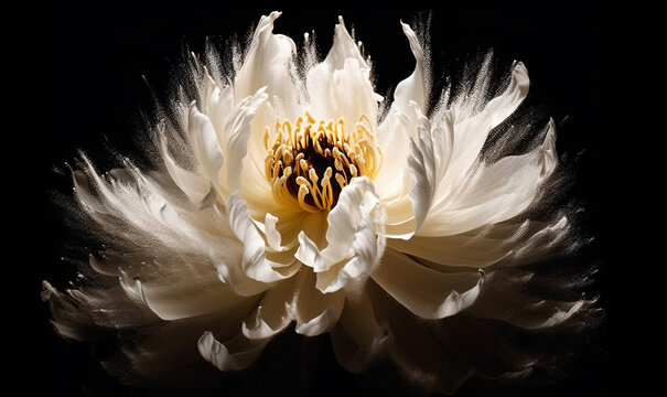  a white flower with a black background is photographed in this image.  generative ai