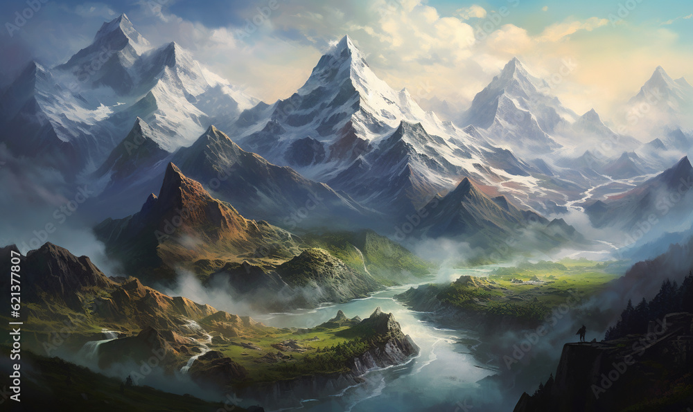 Poster a painting of a mountain range with a river running through it. generative ai