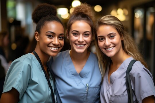 Smiling Beautiful Female Healthcare Workers Or Healthcare Students  Looking At The Camera