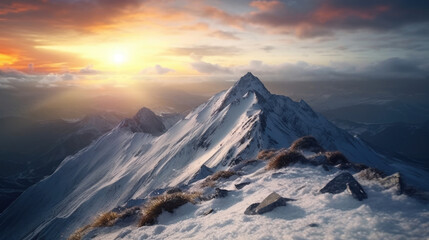 Fototapeta na wymiar A person on the snowy peak of a mountain
