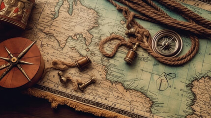 American flag and rope on treasure map on the table for Colombus Day - obrazy, fototapety, plakaty