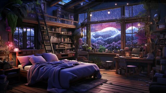 "Experience the Soothing Solitude with Our Rainstorm Lo-Fi Video, Embrace the Comfort of a Cozy Bedroom Scene, Perfect for Immersive Vtuber Content - A Serene Refuge with Relaxing Sounds 