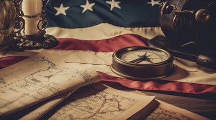 American flag and compass on treasure map on the table for Colombus Day