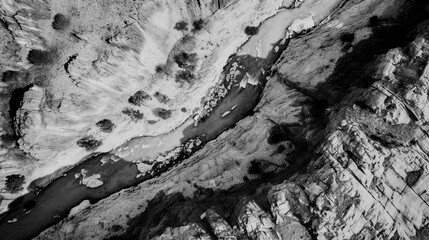 Drone photo of the eastern Oregon river in monochrome, taken with DJI Mini 3 Pro 