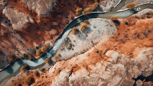 top down drone photo of a desert canyon landscape in the American Southwest, similar to Arizona Utah and Nevada ranges.