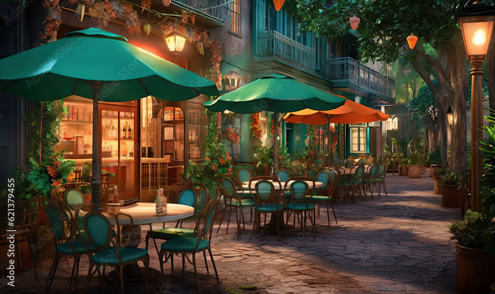 Poster a restaurant with tables and umbrellas on a cobblestone street. generative ai