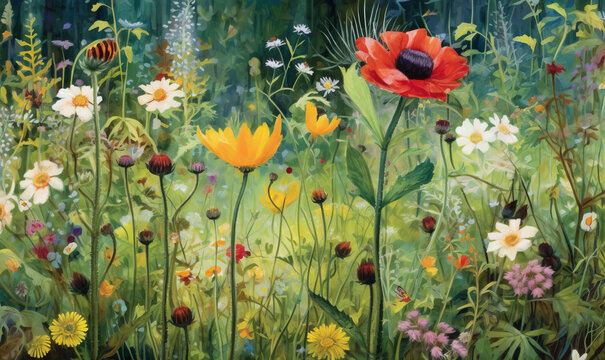  a painting of a field full of flowers and a bee.  generative ai