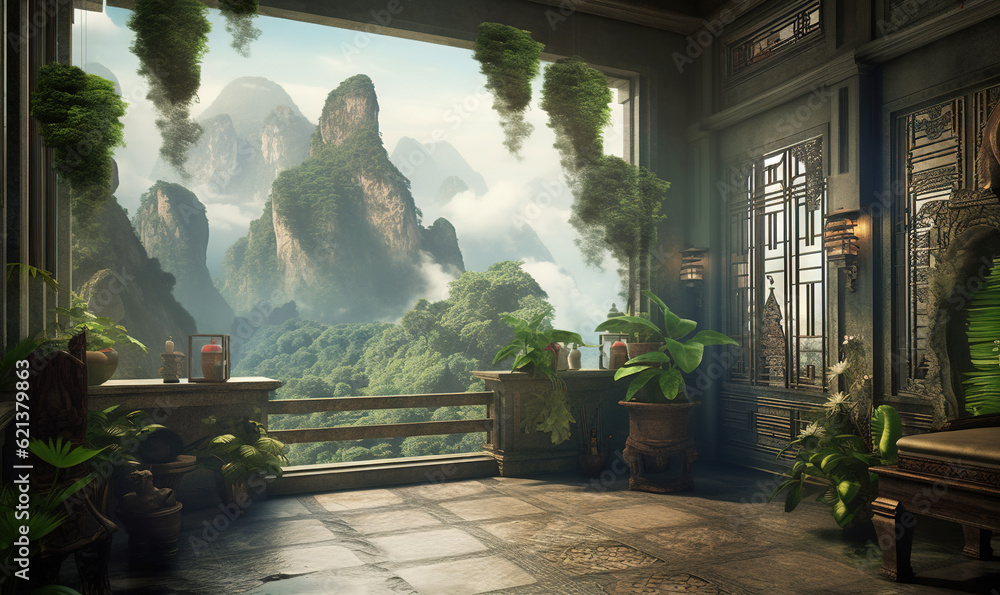 Poster a room with a view of a mountain range and trees. generative ai