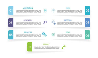 Business infographics line process with template with icons and 7 options or steps.infographics of business aspiration,idea,research,meeting,process,goal,report.for infographics design template