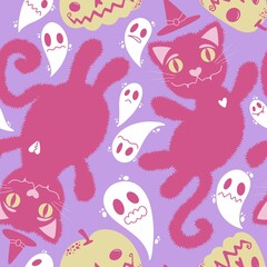 Halloween cartoon black cats seamless animals fluffy monsters pattern for wrapping paper and fabrics and linens