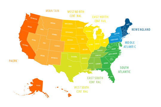 Regions and Divisions of United States - statistical units defined by US Census Bureau. Colorful vector map.