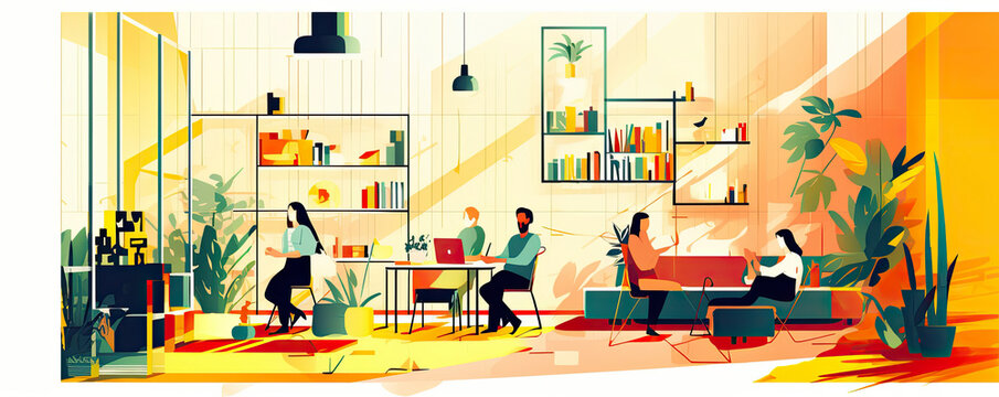 Illustration of a modern office space with collaborative areas and diverse employees, representing teamwork and inclusivity in the business world panorama