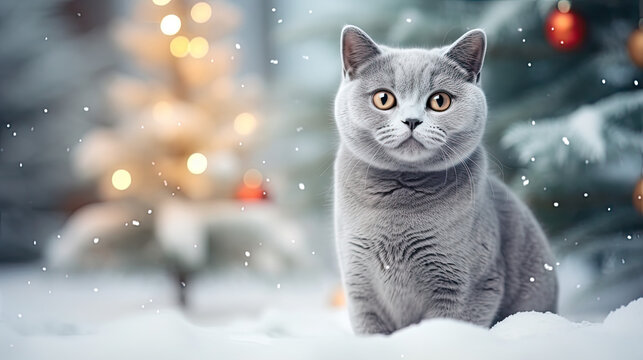 Weihnachtshintergrund mit einer grauen Britisch Kurzhaar-Katze und einem Weihnachtsbaum.
