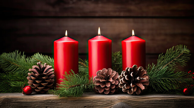 Drei brennende rote Kerzen auf Holzuntergrund, symbolisch f&uuml;r den dritten Advent. Dekoration aus gr&uuml;nen Tannenzweigen, roten Christbaumkugeln und Tannenzapfen. 