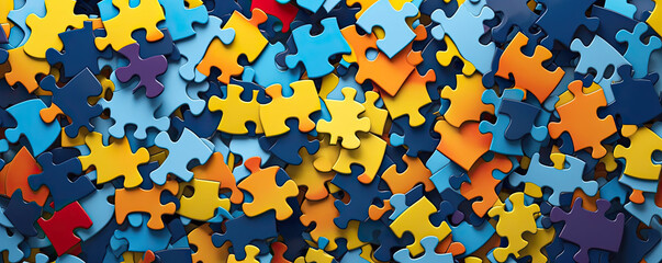 Minimalistic background with scattered puzzle pieces coming together, representing collaboration and problem-solving in the business world panorama