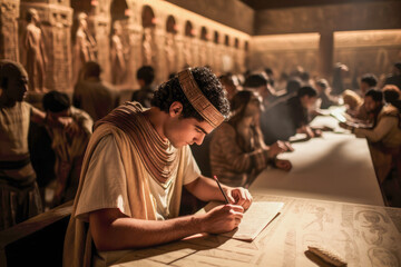 Ancient Egyptian students in the grand library of Alexandria in Ancient Egypt, seeking knowledge from scrolls and manuscripts that shape their understanding of the world