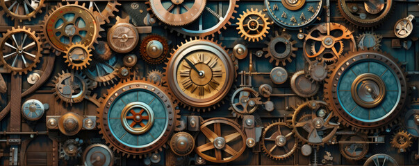 Professional business backdrop with a mosaic of interconnected gears and clockwork mechanisms, symbolizing precision, efficiency
