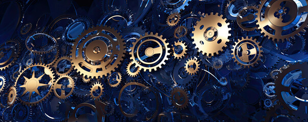 Abstract background with a mosaic of interconnected gears and technological elements, representing the integration of technology and business processes panorama