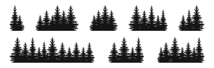 Fir tree vector icon set. Fir trees silhouettes. Forest silhouettes. Pine trees icon set. Forest treetops panorama.