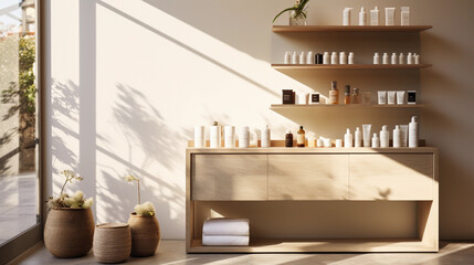 pristine, minimalistic beauty salon, with neatly organized skincare products, natural wooden shelves, elegant display, pendant lights, soft shadows