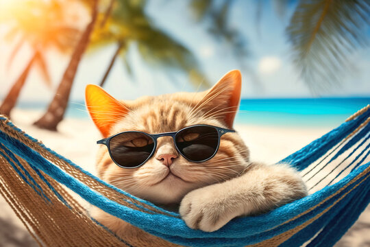 Cool cat lounging in the hammock on a tropical beach, summer vacation concept, illustration generative AI