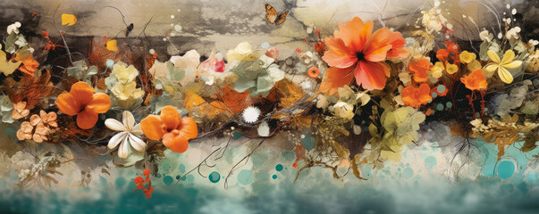 Fototapeta na wymiar Abstract Nature Collage: captivating panorama composed of various elements from nature, with a collage of vibrant flowers, textured leaves, flowing water, and earthy hues panorama
