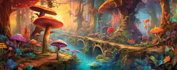 Enchanted Rainbow Forest: magical panorama of a whimsical forest, where vibrant rainbows arch across the sky, and colorful flora