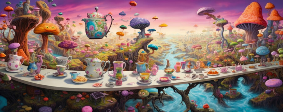 Whimsical Tea Party: whimsical panorama depicting a magical tea party in a surreal setting, with floating teacups, whimsical creatures, and an abundance of colorful treats panorama