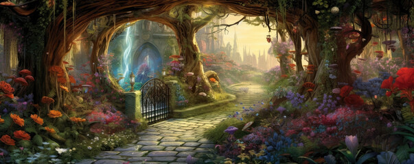 Enchanted Garden Gates: magical panorama of ornate garden gates entwined with colorful vines, leading to a hidden realm of enchantment and natural beauty panorama