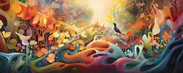 symphony of organic abstract forms merging and evolving, resembling a lush garden of creativity panorama