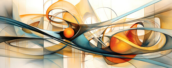 convergence of abstract shapes and lines, intertwining to form a dynamic and captivating visual composition panorama