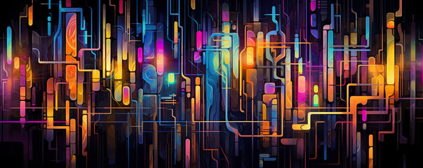 fusion of geometric shapes in a symphony of neon colors, creating an abstract representation of a futuristic metropolis panorama