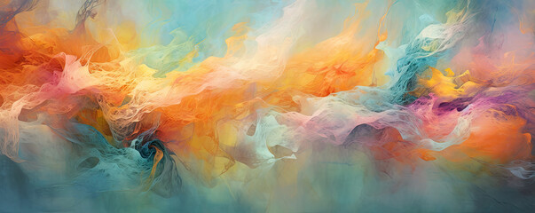 dance of vibrant particles and abstract shapes, floating in an ethereal and mesmerizing abstract composition panorama