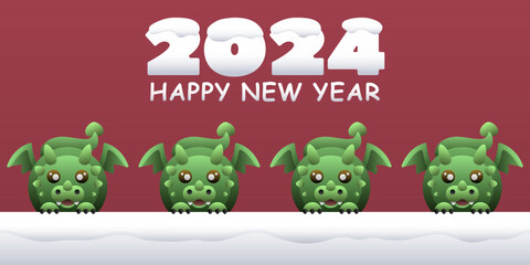 Red White Banner with Green Dragons and Snow. 2024 New Year. Happy New Year. Christmas. Background, template, pattern, banner, poster.