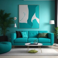 Beautiful interior design of modern living room with turquoise sofa and chair. Created with generative Ai