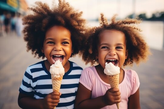 Happy Kids Eating Ice Cream Cones Outside on a Summer Day
