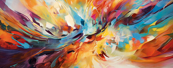 convergence of vibrant brushstrokes and abstract shapes, creating a lively and energetic abstract composition panorama
