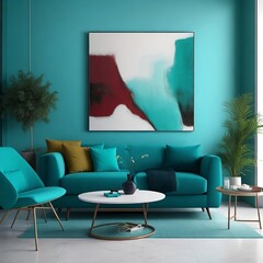 Interior design of modern living room with turquoise sofa and chair. Created with generative Ai