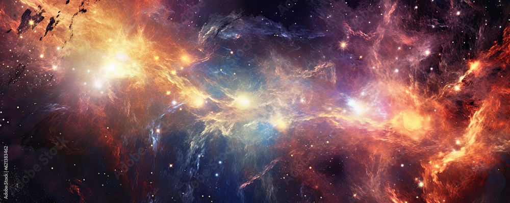 Wall mural celestial collision of stars and galaxies, exploding in a dazzling display of cosmic fireworks panor
