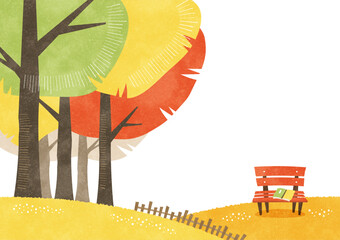紅葉した木々とベンチと本の風景 読書の秋の水彩背景イラスト