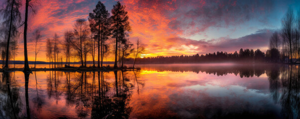 mesmerizing panoramic view of a serene lake at sunrise, with the tranquil water reflecting the vibrant colors of the sky