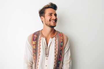 Handsome young man in traditional costume smiling and looking at camera.